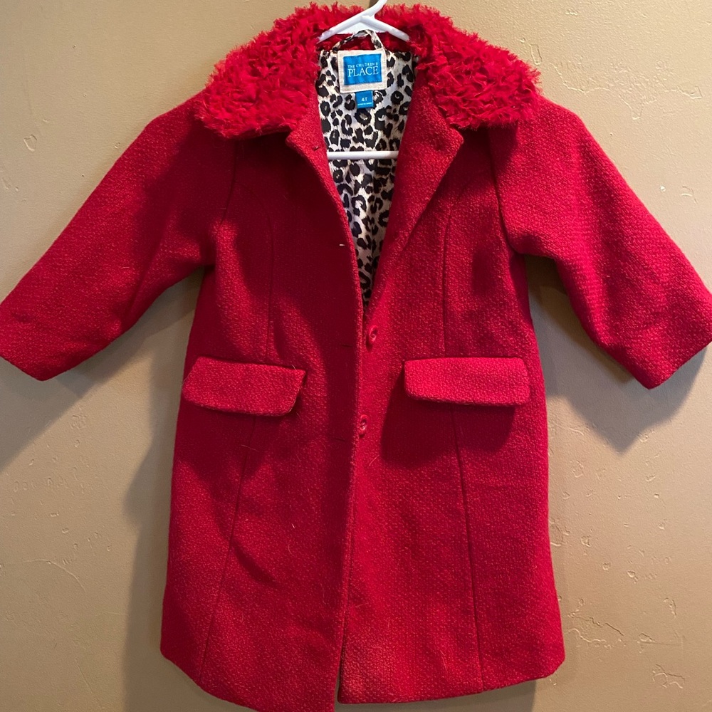 Pretty Red Pea Coat with Leopard Print Liner Size 4t